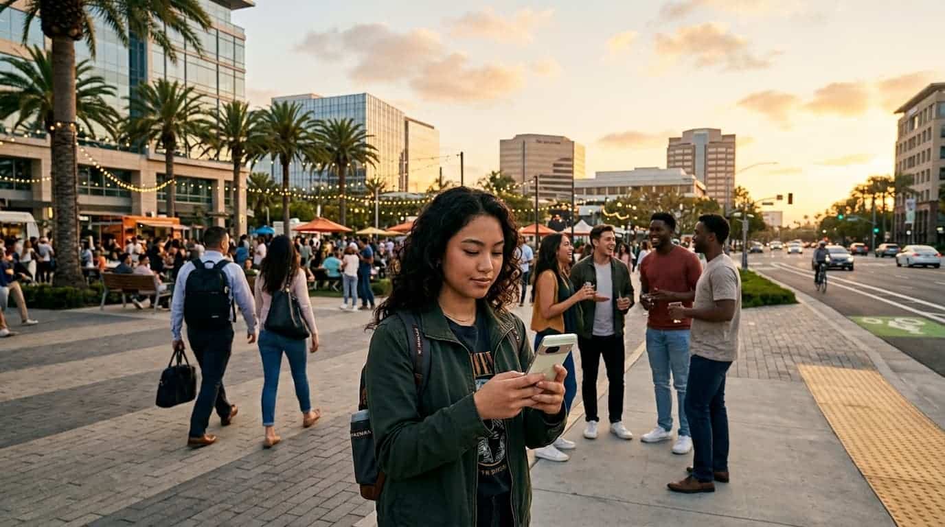 Young adult using a rideshare app on a smartphone on a city street at sunset, representing the July 4th safe ride home program in Orange County.