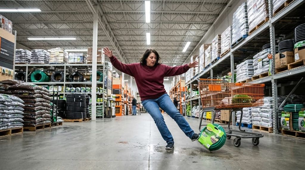 Woman slipping and losing balance in the aisle of a big box home improvement store in California, illustrating a premises liability slip and fall accident.