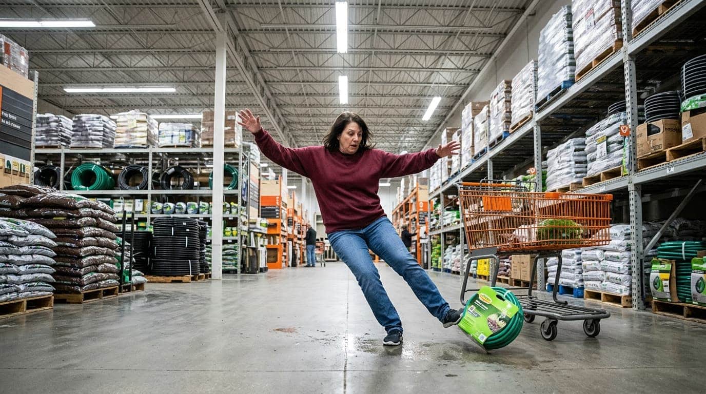 Woman slipping and losing balance in the aisle of a big box home improvement store in California, illustrating a premises liability slip and fall accident.