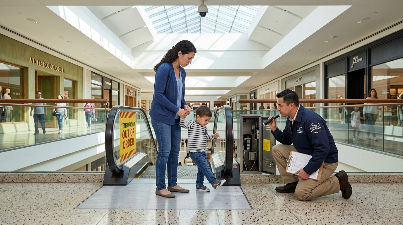 Technician inspects an out-of-service mall escalator beside a mother and child, illustrating California escalator and elevator accident liability claims