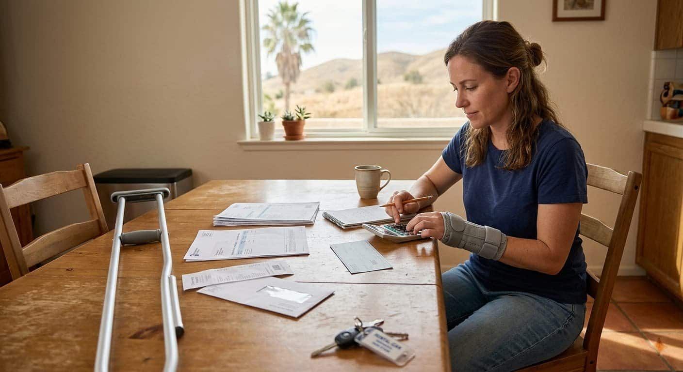 Woman with a wrist brace using a calculator at her kitchen table to work out how much of a California injury settlement she will get after fees and medical bills, with crutches nearby