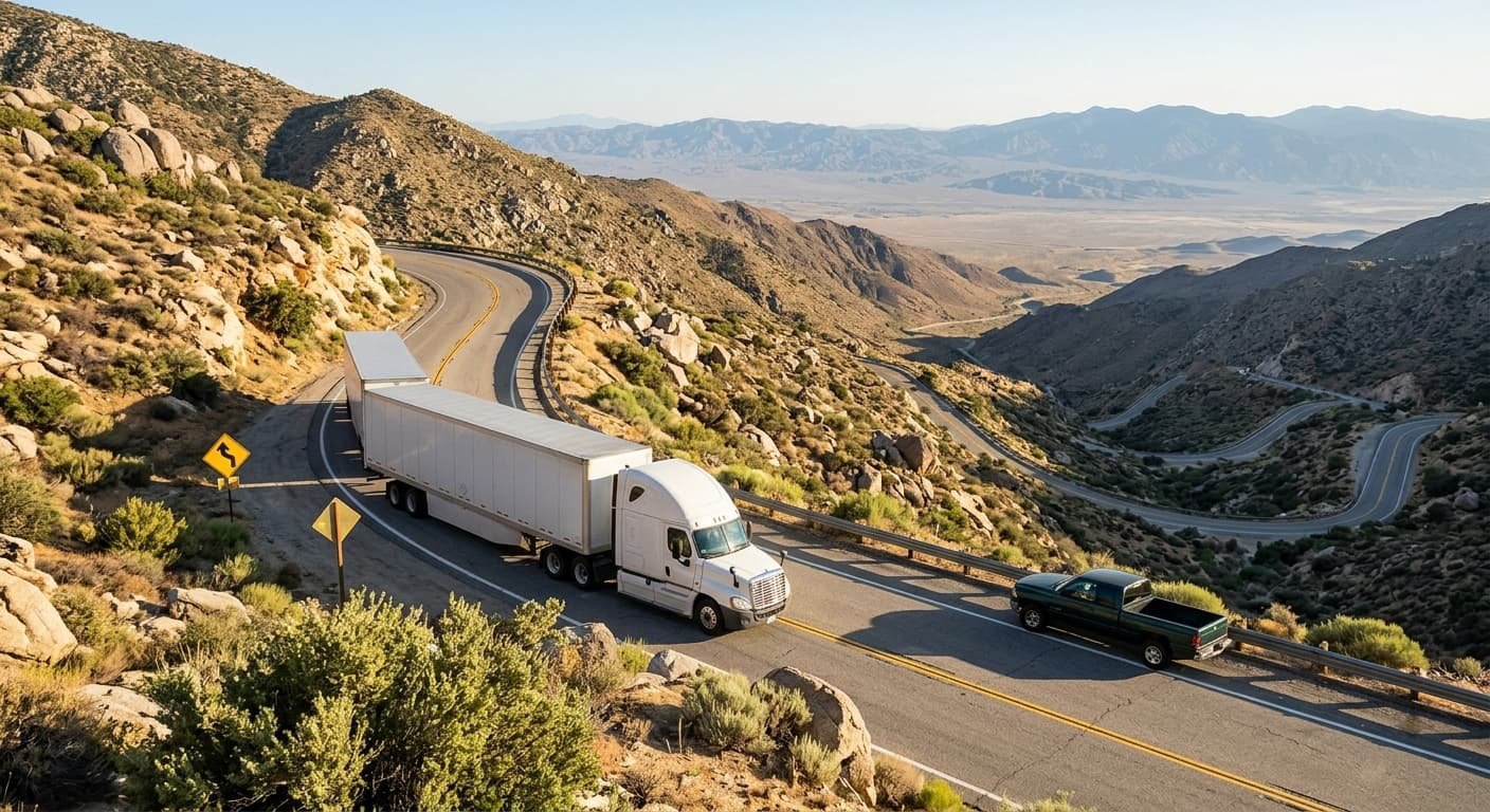 Semi-truck taking a hairpin curve on a winding Highway 74 mountain road above the desert valley in Riverside County as a pickup passes in the other lane, the kind of road AB 1145 (Tristin's Bill) truck safety law addresses