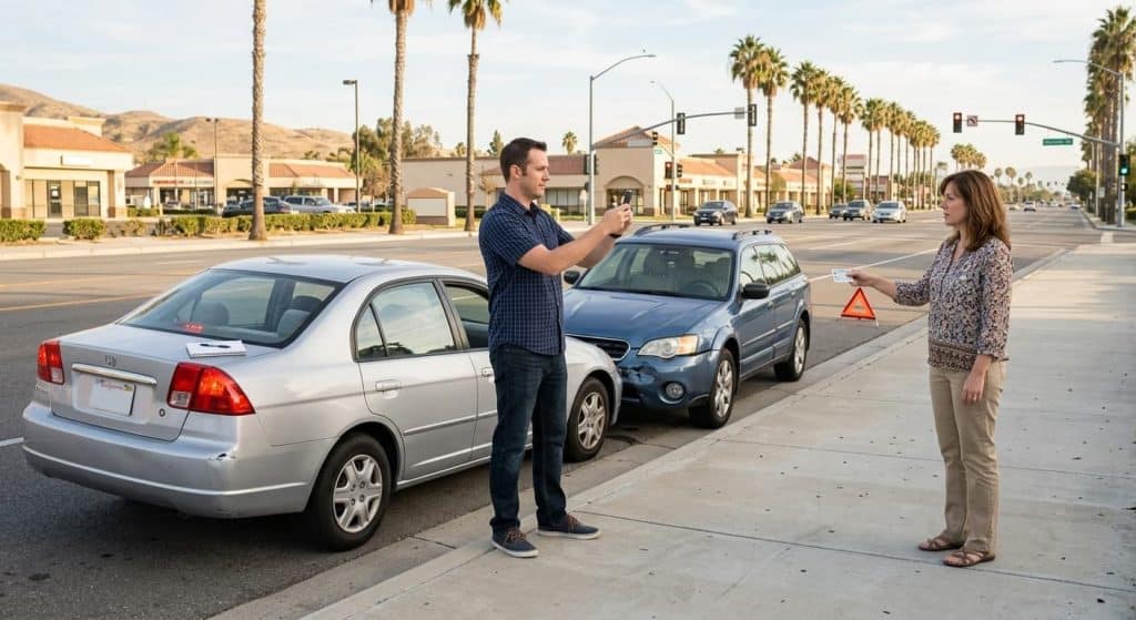 Drivers photograph damage and exchange insurance information after a car accident on a palm-lined street in Riverside